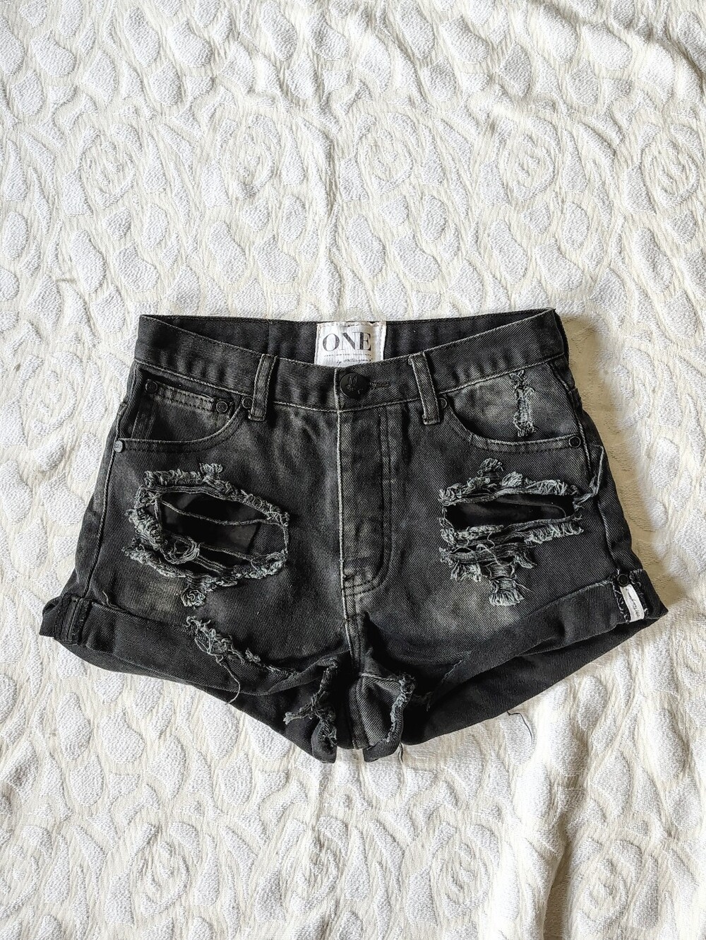 One Teaspoon Hawks High Rise Ripped Black Jean Shorts 24